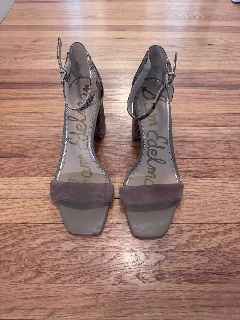 Sam Edelman Daniella Taupe Suede & Snake-Print Block Heel Sandals